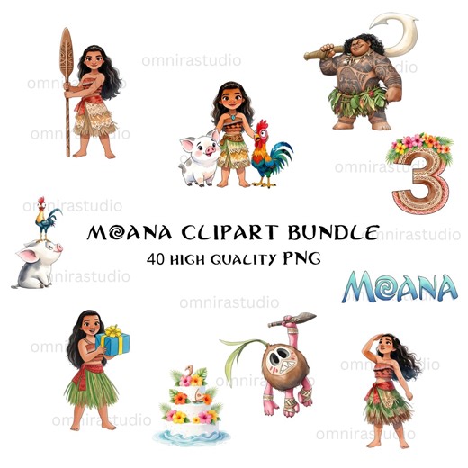 40 Moana Clipart Bundle | Watercolor Moana Princess PNG | Tropical Birthday Party Graphics | Nursery Decor | Digital Download - Etsy