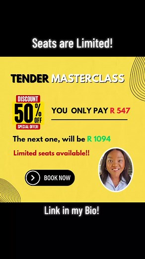 Tender Masterclass - Checkout the link on my bio. Tickets are limited, book now! Tickets are sold online at 50% discount. Unlock the secrets to winning lucrative Tenders!📍 Get practical strategies, master pricing, and understand the tendering process from start to finish. Transform your business with our Tender Masterclass. Click the link in the bio to register! #tendertips #Tenderbids #tenders #supplytender #governmenttender #TenderWithPhumi #tenderresources #smallbusinsstiktok #governmentcont