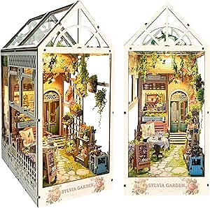 DIY Book Nook Kit - Bookend Diorama with LED - 3D Wooden Puzzle DIY Miniature House Kits - Bookshelf Insert Decor - Booknook Dollhouse Crafts Hobbies Gifts for Adults (Flower Garden)