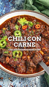 This authentic chili con carne recipe is a flavorful stew of tender beef, slow-simmered in a deliciously spicy chili sauce. It's easy to make and irresistibly tasty! You can add beans or tomatoes if you like, and it’s simple to adjust the spice level to suit your preference. Try it! 😜 RECIPE: https://www.chilipeppermadness.com/recipes/chili-con-carne/ If the link does not work on your mobile, please google “chili con carne chili pepper madness”. Use hashtag #chilipeppermadness if you make this 