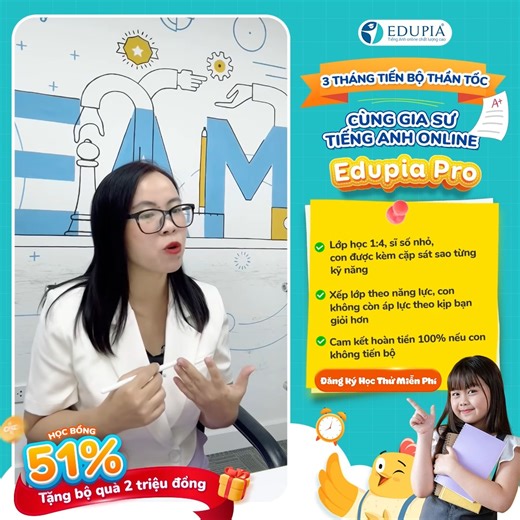 🔥 Edupia Pro - Lớp “1 thầy 4 trò” giúp học sinh đạt 9, 10 điểm Tiếng Anh chỉ sau 3 tháng hè! 💰 Chỉ từ 80.000đ/buổi – Đăng ký học thử MIỄN PHÍ ngay tại: https://link.educa.vn/QA266_Social 🎯 5 Lý do phụ huynh tin chọn Gia sư tiếng Anh online Edupia Pro: ✅ Lớp học 1:4 – Sĩ số nhỏ, giáo viên theo sát từng bạn. Vừa có môi trường học thoải mái, vừa đảm bảo tiến bộ rõ rệt. ✅ Xếp lớp theo trình độ – Con mất gốc được học lại từ đầu. Con khá giỏi được nâng cao theo mục tiêu chuyển cấp, thi lớp chọn. ✅ 