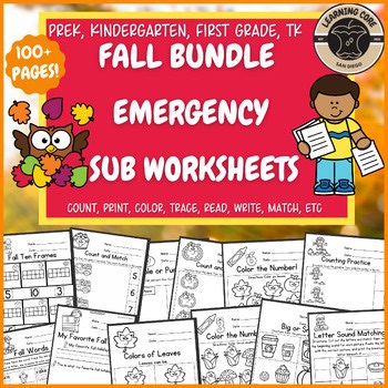 Fall Emergency Sub Plans November Printables PreK Kindergarten TK First Grade