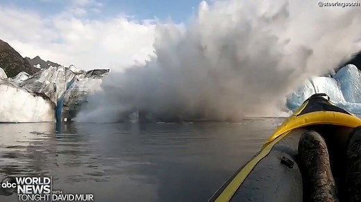 44K views · 800 reactions | FALLING ICE: A pair of kayakers in Alaska escaped uninjured after a massive ice bridge at the Spencer Glacier collapsed into the water, throwing a massive splash at the pair who later described the close call as “the biggest adrenaline rush” of their lives. https://abcn.ws/1c6SfMC | ABC World News Tonight with David Muir | Facebook