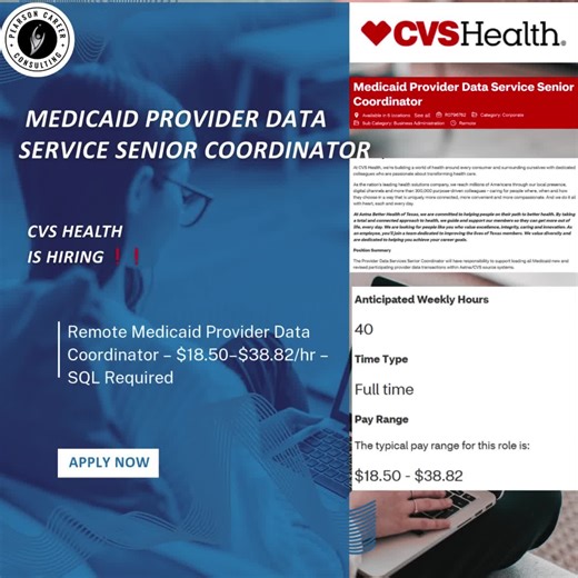 Medicaid Provider Data Service Senior Coordinator 📌 CVS Health (Aetna Better Health) is HIRING ❗❗ 📍 Location: Remote (U.S. | Multiple locations) 💼 Type: Full-Time (40 hrs/week) 💰 Pay: $18.50 – $38.82 per hour 📩 Apply Here: https://jobs.cvshealth.com/us/en/job/CVSCHLUSR0796762EXTERNALENUS/Medicaid-Provider-Data-Service-Senior-Coordinator?utm_source=Linkedin&utm_medium=phenom-feeds&fbclid=IwZnRzaAPKAIhleHRuA2FlbQIxMQBzcnRjBmFwcF9pZAo2NjI4NTY4Mzc5AAEer-QCH2JdUJbud0j_A50N47K9FoL5YewAIq_kbUoIvY3