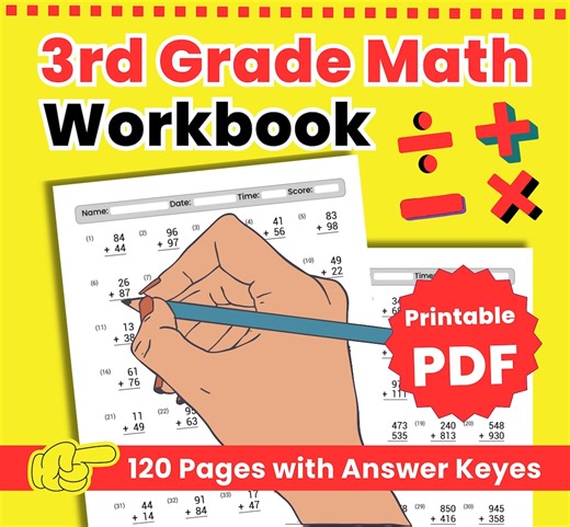 3rd Grade Math Workbook | 120 Timed Tests Pages | Multi Digit Addition, Subtraction, Multiplication & Division | Homeschool Math Worksheets - Etsy