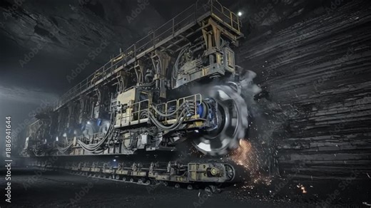 Medium shot of a hydraulic longwall shear automation system cutting coal with fluidpowered precision in an underground mining environment.