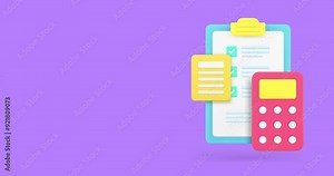 Budget accounting balance planning checking 3d icon animation. Financial report expenses and earning calculation banking audit with to do list and calculator