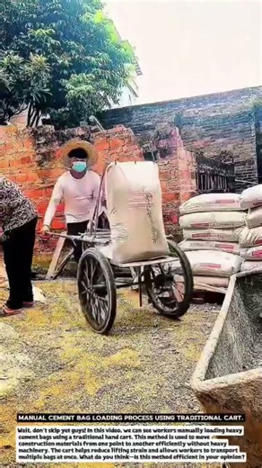 Manual Cement Bag Loading Process Using Traditional Cart.