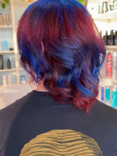 Tylr Cailyn⚔️ STL Stylist on Instagram: "What’s your favorite slushee, cherry or blue raspberry?🍒🫐 Alice’s vision was blue with red underneath, but the black color that we had done previously had other ideas. No worries- we did as much blue as we could, and the areas that didn’t lift, we turned into a red halo! Thank you for the trust, I’m stoked on how this came out💪🏼 Made with 🩵 at @thehairtheatresalon! #althair#althairstylist#stlhairstylist#stlhair#stlouishair"