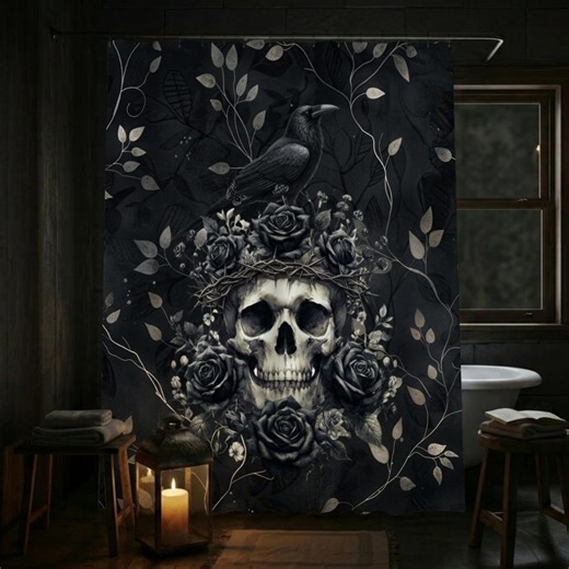 Gothic Skull Raven Shower Curtain, Dark Academia Floral Home Decor, Macabre Witchy Aesthetic Bath, Gothic Crow Fantasycore Bathroom Decor - Etsy