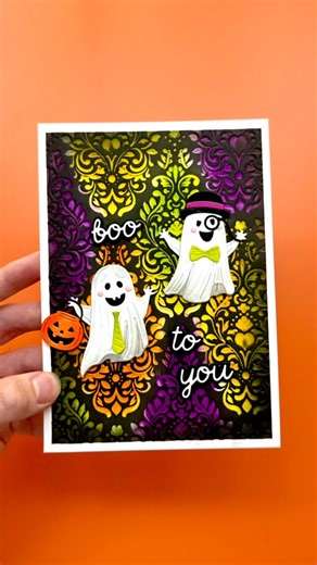 You thought I forgot about Halloween?…Nope!🙂‍↔️ I’m excited to share an easy and colorful Halloween card using these adorable Ghosts.👻 I started off by embossing my cardstock using the Damask 3D Embossing Folder to get a beautiful textured background. Then, I blended several colors of Stellar inks into the textured background. The messier the better… it doesn’t need to look good at this point. To finish off the background, I lightly swiped the Black Widow ink pad across the design to darken th