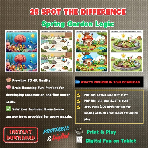 Spring Spot the Difference Printable, Nature Logic Puzzle Games, Kindergarten Activity Worksheet, Visual Brain Teaser PDF, Homeschool - Etsy