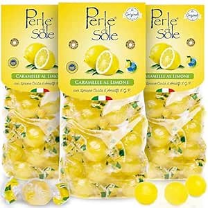 Perle di Sole Lemon Drops Made with Essential Oils of Amalfi Coast P.G.I. Lemon (7.05 oz | 200 g) Pack of 3 - Sour Lemon Drops Hard Candy Individually Wrapped