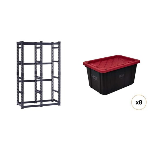 10-Tote Metal Storage Rack (50 in. W x 78 in. H x 24 in. D) and 27 Gal. Black/Red Tough Storage Tote (8-Count) Combo - The Home Depot