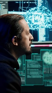 Vertical video Hacker using artificial intelligence technology to write spyware software able to gather information from users. Scammer in apartment doing fraud using AI, close up, camera A
