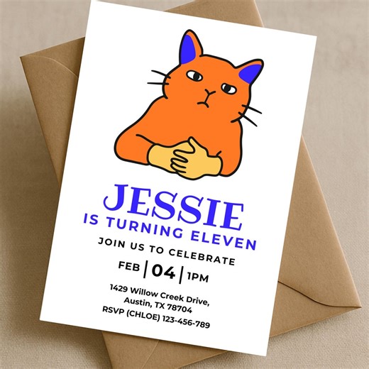 Grumpy Cat Birthday Invitation Editable Canva Template, Kids 11th Birthday Party Invite, Sassy Funny Unimpressed Cat Theme - Etsy