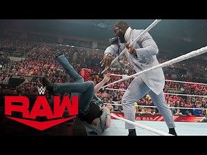 Omos throws Brock Lesnar out of the ring after escaping Suplex City: Raw, March 13, 2023