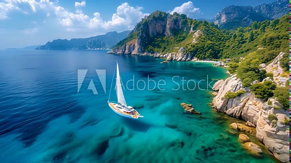 Aerial drone video of tropical paradise exotic island bay covered in limestone trees with emerald crystal clear beach visited by luxury yachts and sail boats in Caribbean destination 4k video.