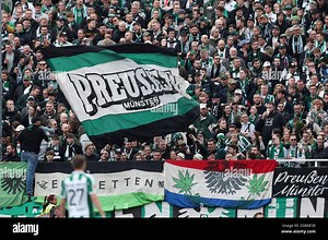 22 February 2025, North Rhine-Westphalia, Münster: Soccer: Bundesliga 2, SC Preußen Münster - SSV Jahn Regensburg, matchday 23 at the stadium on Hammer Straße. Münster fans wave their Preussen flag. Photo: Friso Gentsch/dpa - IMPORTANT NOTE: In accordance with the regulations of the DFL German Football League and the DFB German Football Association, it is prohibited to utilize or have utilized photographs taken in the stadium and/or of the match in the form of sequential images and/or video-like