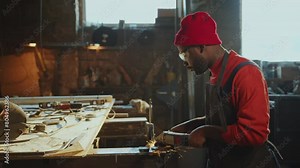 African American blacksmith in apron and protective eyeglasses polishing metal detail with angle grinder producing sparks at workbench in smithy. Side view, copy space