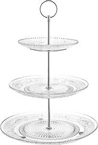 Royalty Art 3-Tiered Serving Stand (Glass) Beautiful, Elegant Dishware Serve Snacks, Appetizers, Cakes, Candies Durable, Reusable Party or Holiday Hosting (Silver) (1) (1)