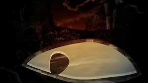 Cartoon fairytale visualization. Scene. Golden cage with a bird trapped inside and many evil eyes.