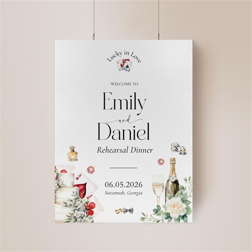 VEGAS Themed Rehearsal Dinner Sign, Lucky in Love Couple Welcome Sign, Casino Inspired Reception Signage, Canva Poster Cards Dice Cake Drink - Etsy