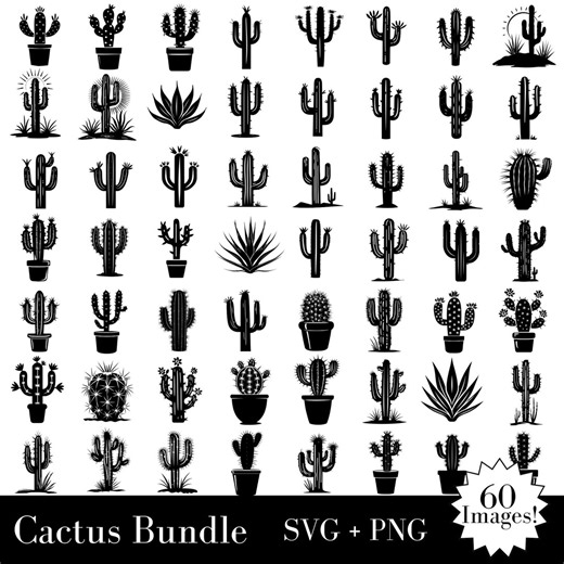 Cactus Silhouette SVG & PNG Bundle - 60 Cactus Graphics Included, 120 Total Files - Potted Cactus and Desert Cactus Images, Commercial Use - Etsy