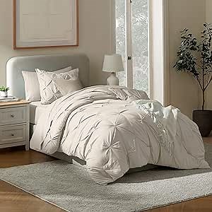 Nestl Twin XL Comforter Set 5 Piece - Pintuck Twin XL Bedding Set Beige, College Dorm Room Essentials Bed in a Bag, Twin XL Comforter Set for College Girls and Boys with Sheets, Pillowcase and Sham