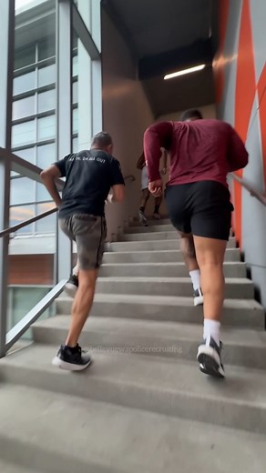 A few of our new hires complete the “Descending Pyramid” at the start of their work day at our station. 5 sets of stairs, jumping jacks, 4 count squats, 8 count bodybuilders & flutter kicks. Each of our entry level hires will receive 4-6 weeks of on-duty, in house training before they begin the @wa_cjtc Basic Law Enforcement Academy (about 4.5 months). Once they graduate, they will receive an additional 4-6 weeks of post-academy, in house training before they begin their 15 weeks of evaluation i