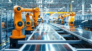 Robotic machinery operating in perfect harmony to assemble solar panels, capturing the synergy of technology and renewable energy