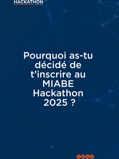 𝗧𝗲́𝗺𝗼𝗶𝗴𝗻𝗮𝗴𝗲𝘀 𝗮𝗻𝗰𝗶𝗲𝗻𝘀 𝗽𝗮𝗿𝘁𝗶𝗰𝗶𝗽𝗮𝗻𝘁𝘀 𝗠𝗜𝗔𝗕𝗘́ 𝗛𝗮𝗰𝗸𝗮𝘁𝗵𝗼𝗻 𝟮𝟬𝟮𝟱 - 𝗣𝗮𝗿𝘁𝗶𝗲𝟯 Raconté nous pourquoi avez-vous décidé de s'inscrire au Miabé hackathon 2025 ? 𝙄𝙉𝙎𝘾𝙍𝙄𝙎-𝙏𝙊𝙄 𝘿𝙀𝙎 𝙈𝘼𝙄𝙉𝙏𝙀𝙉𝘼𝙉𝙏 𝘼𝙐 𝙈𝙄𝘼𝘽𝙀 𝙃𝘼𝘾𝙆𝘼𝙏𝙃𝙊𝙉 𝟮𝟬𝟮𝟲 ! Consulte le guide ici :https://bit.ly/guide_inscription-mbh2026 𝘚𝘶𝘪𝘴 𝘯𝘰𝘵𝘳𝘦 𝘱𝘢𝘨𝘦 𝘍𝘢𝘤𝘦𝘣𝘰𝘰𝘬: https://www.facebook.com/profile.php?id=61584604716803 𝘗𝘢𝘨𝘦 𝘵𝘪𝘬𝘵𝘰𝘬 : https://tiktok