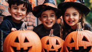 Children are posing with pumpkins, the children are dressed up in Halloween costumes.