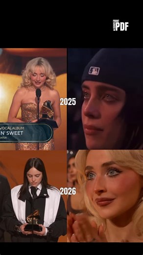 Frontcover.pdf on Instagram: "This feels like déjà vu in the most cinematic way. Last year, the spotlight landed on Sabrina Carpenter as she took home the Grammy that many expected to go to Billie Eilish. Fast forward to this year and the script flipped. Billie claimed the win, with Sabrina watching from the audience. The symmetry was impossible to miss. What made it even more striking was the emotion. A year apart, both artists were caught on camera tearing up, for themselves and for each other
