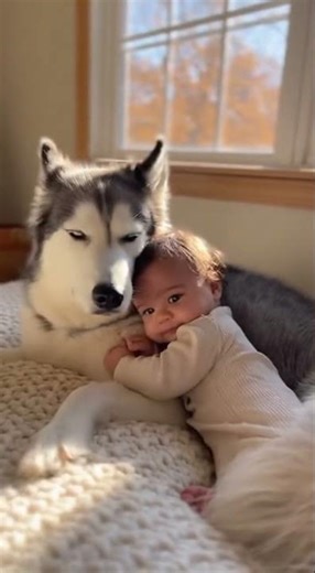 Baby Laughs Out Loud at Husky’s Funny Howling in Warm Sunlight