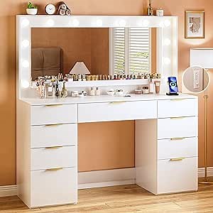 ALEXNUTRE Vanity Desk with Large Mirror and Lights, 45.3in Makeup Vanity with Power Outlet 9 Drawers & Storage, 3 Lighting Color Adjustable, White Vanity Desk for Bedroom