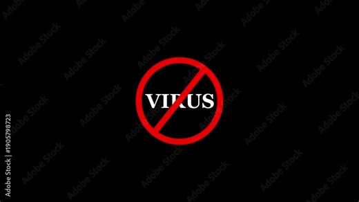 Virus prohibition sign animation, black background. Caution warning symbol, alert, error sign, security protection. virus text looping animation. 4K Video motion graphic.