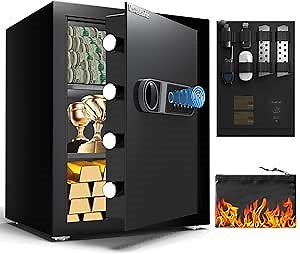 Biometric Safe, 2.0 Cu ft Fingerprint Home Safe Box with Fireproof Waterproof Bag & Key, Security Money Safe for Cash, Jewelry, Valuables, Digital Electronic Keypad, Dual Alarm System