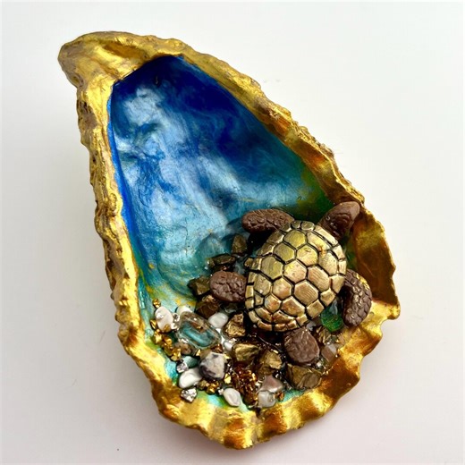 Blue Sea Turtle Oyster Shell Jewelry Dish - Etsy