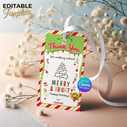 Teacher Appreciation Christmas Gift Tags, Printable Holiday Tag, Editable
