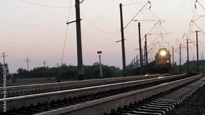 Arrival, transit flight of freight train with row of shipping container, heavy goods delivery. Business as transportation or supply of cargo, commercial trucking industry, intermodal railway logistics