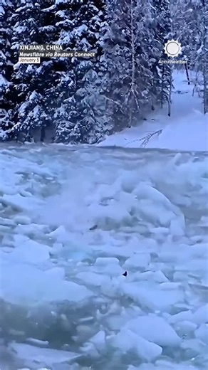 AccuWeather on Instagram: "Ice jam caught on camera: Tourists ran as a calm river turned into a raging one with ice blocks rushing downstream within seconds."