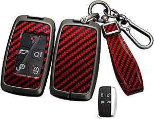 ontto Key Fob Case Carbon Pattern Key Cover Fit for Land Rover LR2 LR4 Fit for Range Discovery Evoque Fit for Jaguar F-Type XJ XF Smart Remote Keyless Entry Red