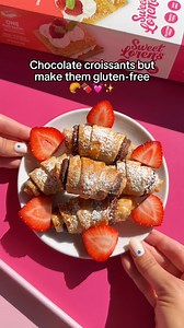 Chocolate croissant, anyone?! 🍫💓 This dessert will have your home smelling like a French bakery... you're welcome ✨ Ingredients: 💛 1 pack Sweet Loren’s Puff Pastry 🩷 2 tbsp of nutella or chocolate spread of choice 💛 Egg or milk wash 🩷 Strawberries for garnish 💛 Powdered sugar Instructions: 1. Roll out Sweet Loren’s puff pastry and cut into 6 triangles using a pizza cutter 2. Spread triangles out across parchment paper and add a dollop of nutella to each. Carefully roll up starting with th