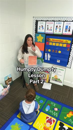 Preschool Vibes on Instagram: "This is part two of our Humpty Dumpty lesson 🥚✨ We used a real egg with a Humpty face and a printed wall inside a bin. As we said the poem, we held Humpty on top and let him fall to see what would happen. That’s how we learned our second Wow Word — fragile! We talked about other things that are fragile like glass and coffee cups that can break easily. Stay tuned for part three!#Inverted"