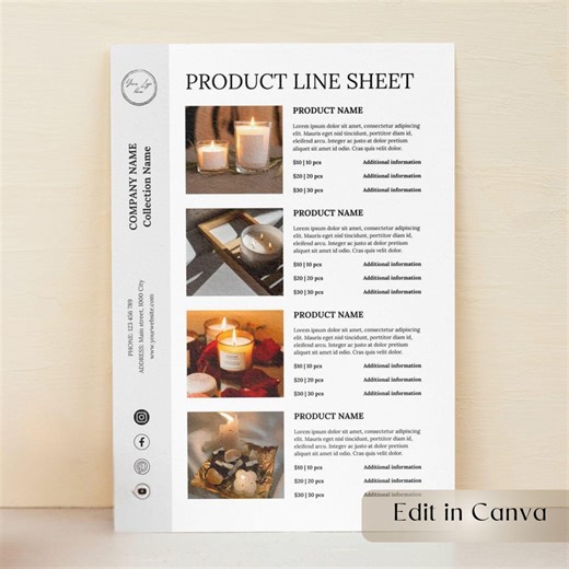 One Page Line Sheet Modern Canva Template, Product Catalog Flyer, Printable Wholesale Sheet, A4 & US Letter, Instant Download, Product Info - Etsy