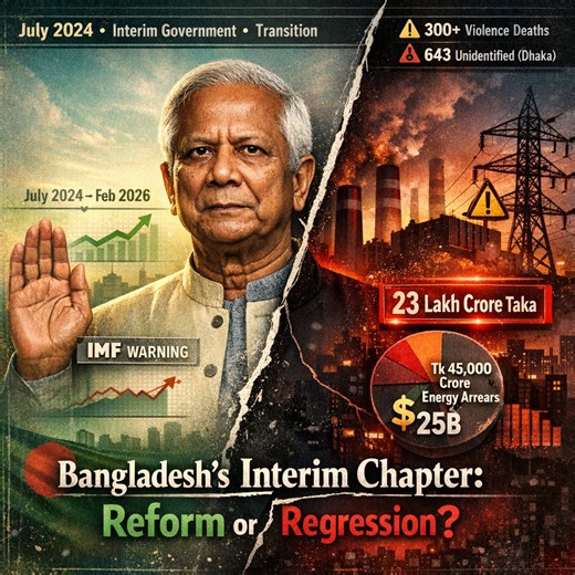 Bangladesh’s Interim Chapter: Reform or Regression? —— In July 2024, Bangladesh’s interim government under Muhammad Yunus took charge, promising reform and stability. Eighteen months later, as power shifts toward the Bangladesh Nationalist Party, the numbers tell a complex story. 📊 Economy: Inflation remained above 8–9%, while revenue growth slowed sharply. Bangladesh’s tax-to-GDP ratio continues to rank among the lowest in South Asia — limiting fiscal flexibility. ⚡ Power Sector Strain: Outsta