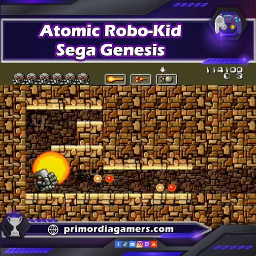 🤖🌌 Atomic Robo-Kid – Sega Genesis (1990) Shooter de desplazamiento lateral desarrollado por UPL y adaptado a Genesis por Treco, donde controlas a un pequeño robot armado en un mundo post-apocalíptico invadido por alienígenas. Exploras túneles biomecánicos y zonas abiertas, enfrentando enemigos mecánicos y jefes gigantes con múltiples patrones de ataque. Incluye power-ups, libertad de movimiento en ocho direcciones y fases con caminos alternos. Destaca por su estética oscura, dificultad elevada