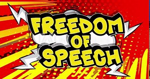 Freedom of Speech. Motion poster with green screen. 4k animated Comic book word text moving on abstract comics background. Retro pop art style with chroma key.