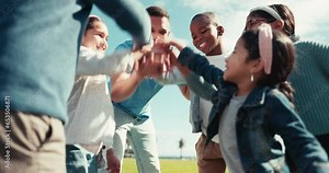 Kids, volunteer and teamwork with huddle hands on field for motivation, team solidarity and community service. Help, social collaboration or charity support for project, activism and diversity